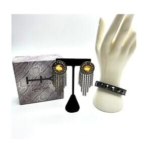 Heidi Klum Bracelet and Earrings Jewelry Set Amber Gunmetal Fringe Studs